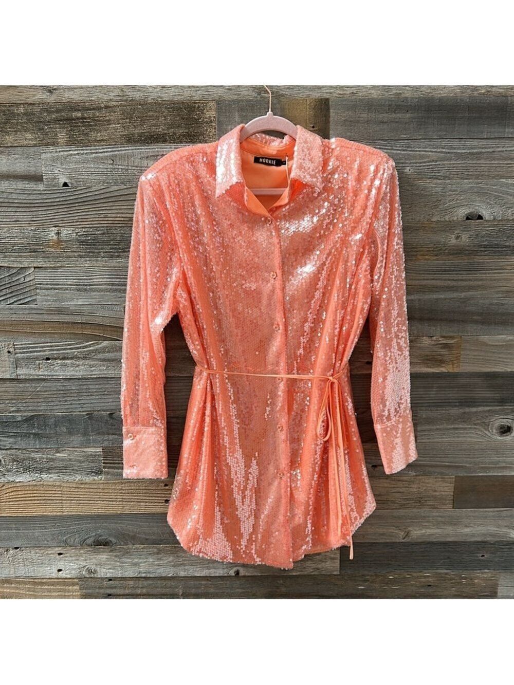Nookie Oracle Peach Sequin Shirt Dress Size Small NWT - Picture 3 of 12